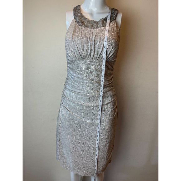 Cachet Womens Golden Lame Cocktail Dress With Beaded Neckline Back Zip Silver 4 - Picture 3 of 6